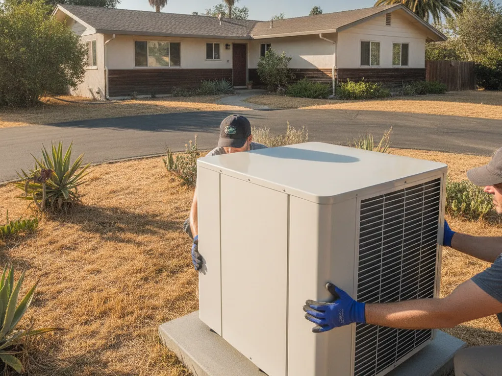 A new outdoor condenser being set on a pad