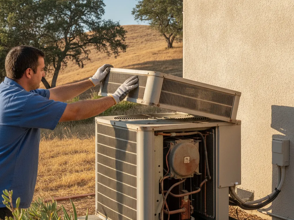 An outdoor air conditioning condenser being opened for diagnosis