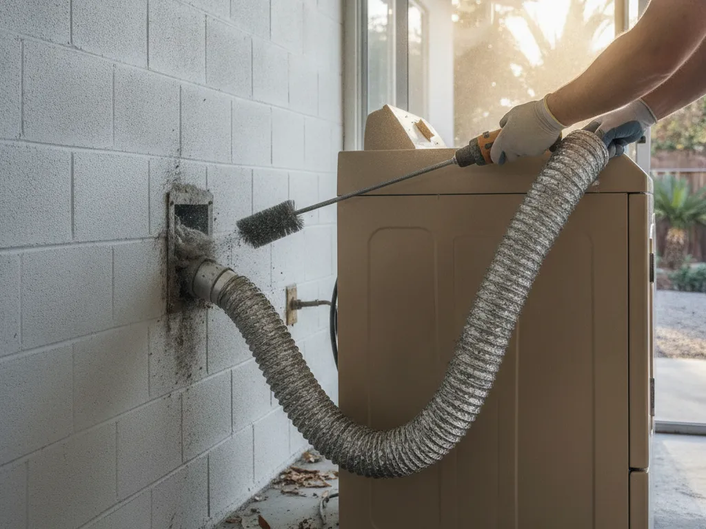 A dryer vent line being cleared behind a dryer