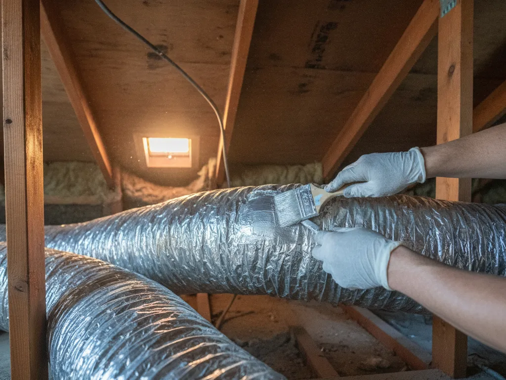Flexible ductwork being sealed in an attic