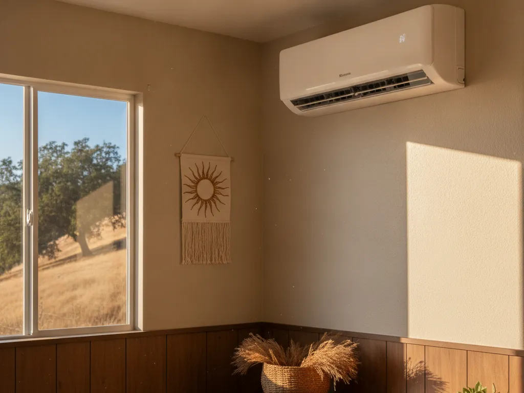 A ductless mini split head high on a bedroom wall