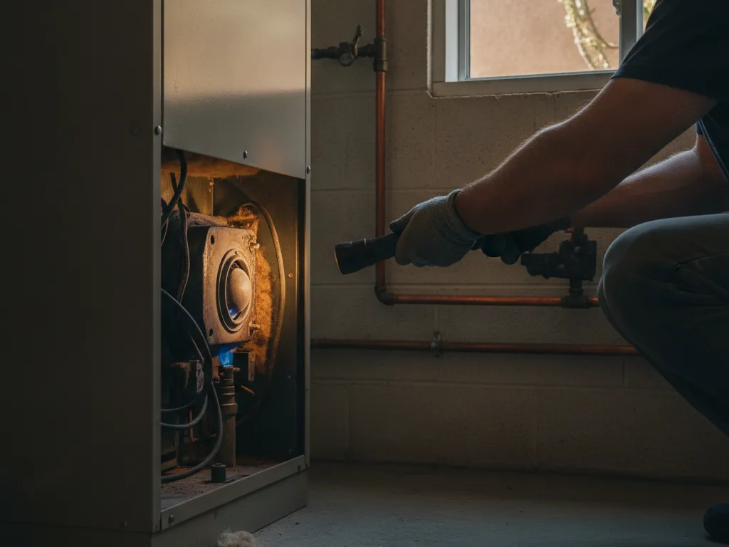 A technician inspecting a gas heater burner