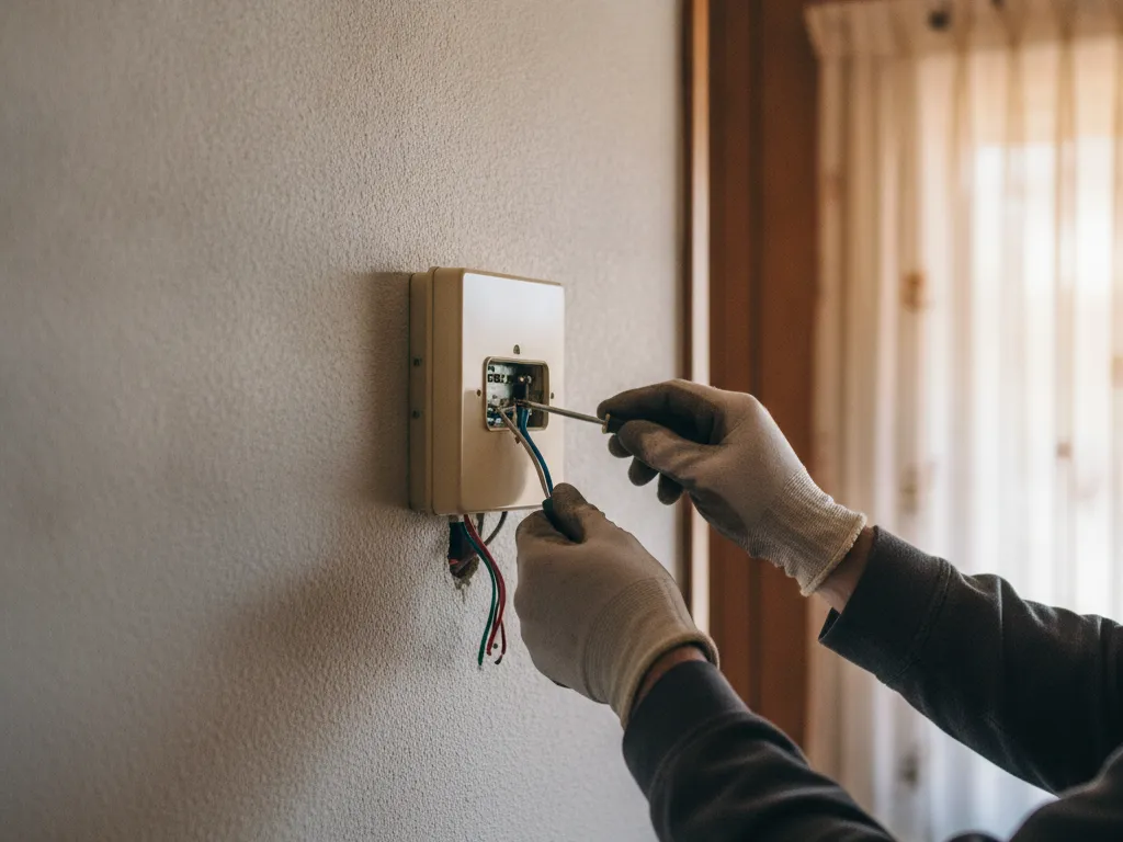 A thermostat being mounted on an interior wall