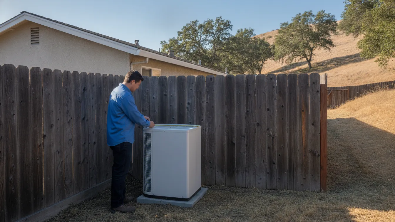 A technician measuring the distance from an outdoor air conditioning unit to a fence