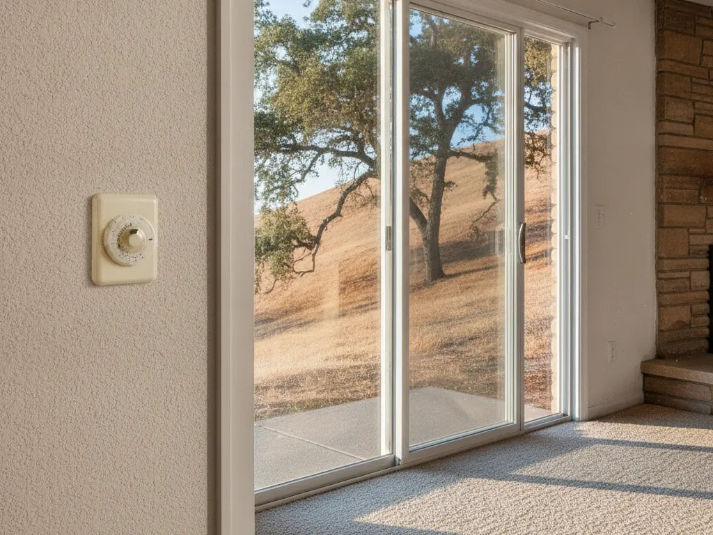 A wall thermostat beside a sliding glass door in a family room