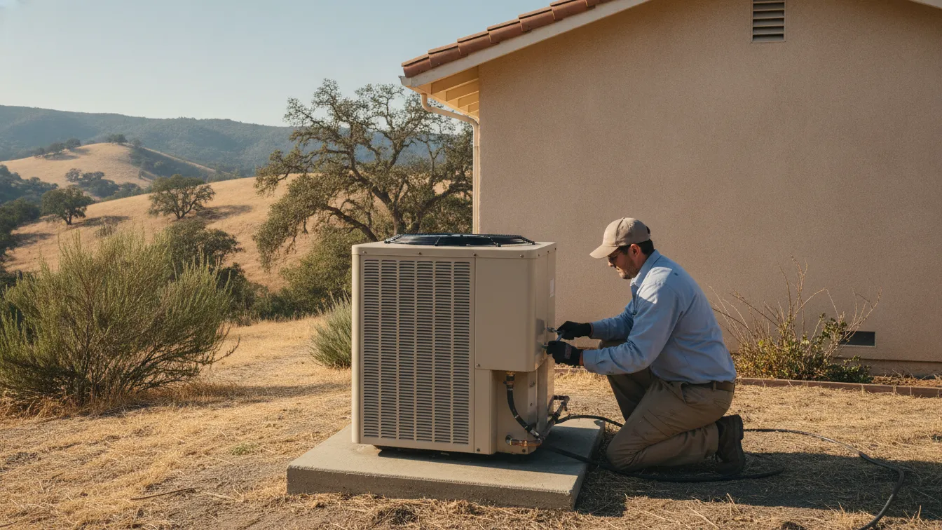 A technician checking an outdoor air conditioning unit beside a single-story ranch house